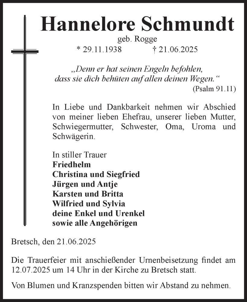  Traueranzeige für Hannelore Schmundt vom 05.07.2025 aus Volksstimme Altmark Ost