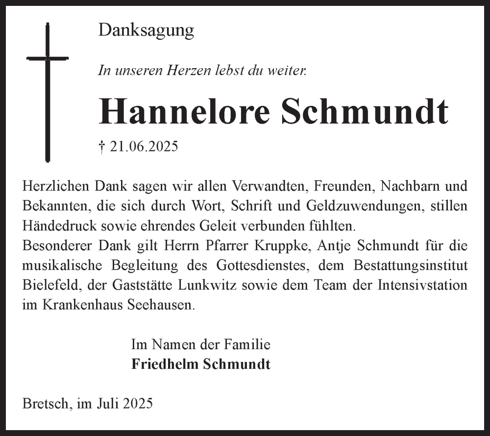  Traueranzeige für Hannelore Schmundt vom 25.07.2025 aus Volksstimme Altmark Ost