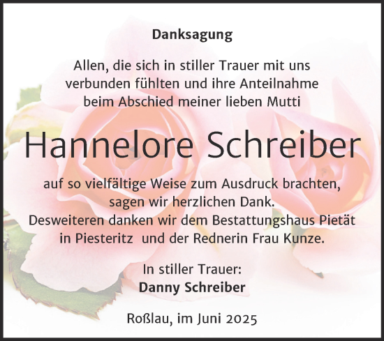 Traueranzeige von Hannelore Schreiber von Trauerkombi Dessau