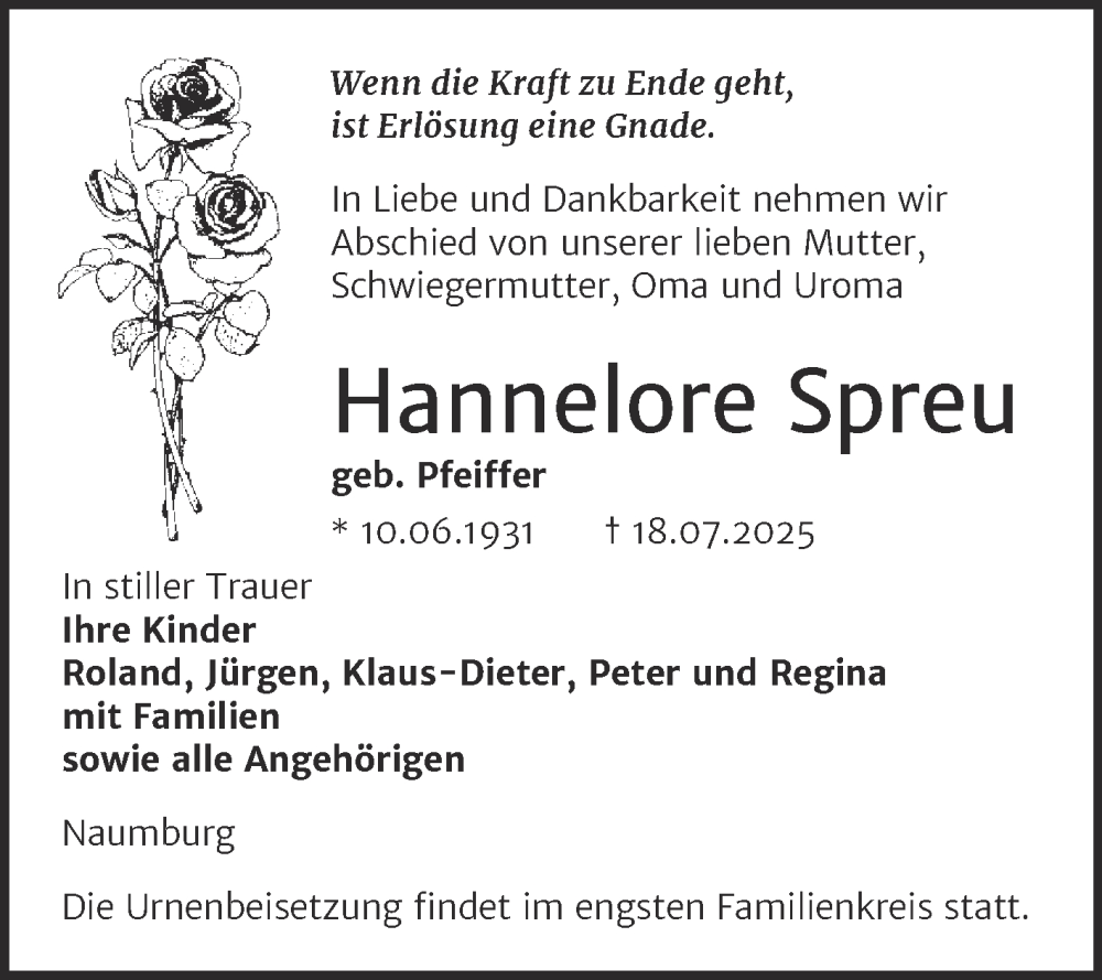  Traueranzeige für Hannelore Spreu vom 26.07.2025 aus Super Sonntag Naumburg/Nebra