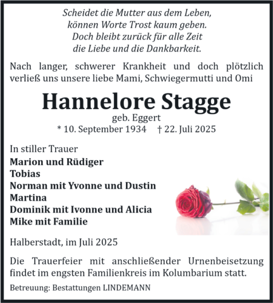 Traueranzeige von Hannelore Stagge von Volksstimme Halberstadt