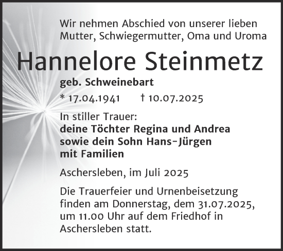 Traueranzeige von Hannelore Steinmetz von Trauerkombi Aschersleben