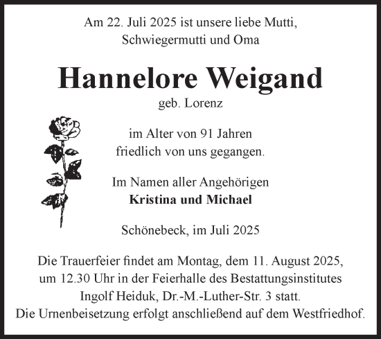 Traueranzeige von Hannelore Weigand von Volksstimme Schönebeck