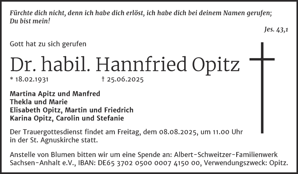  Traueranzeige für Hannfried Opitz vom 26.07.2025 aus Trauerkombi Köthen