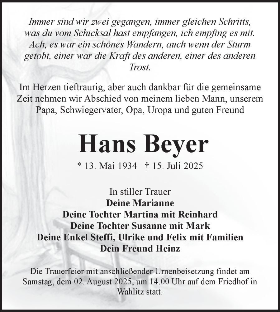  Traueranzeige für Hans Beyer vom 19.07.2025 aus Volksstimme Burg/Genthin