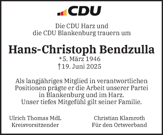 Traueranzeige von Hans-Christoph Bendzulla von Volksstimme Halberstadt