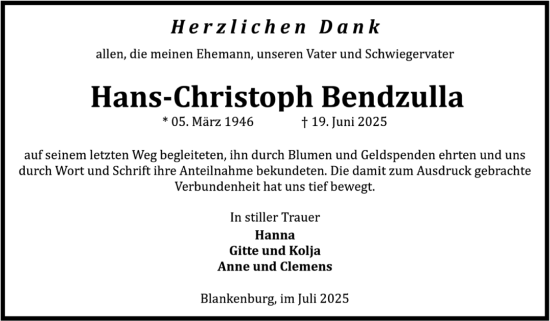Traueranzeige von Hans-Christoph Bendzulla von Volksstimme Wernigerode