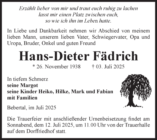 Traueranzeige von Hans-Dieter Fädrich von Volksstimme Haldensleben/Wolmirstedt
