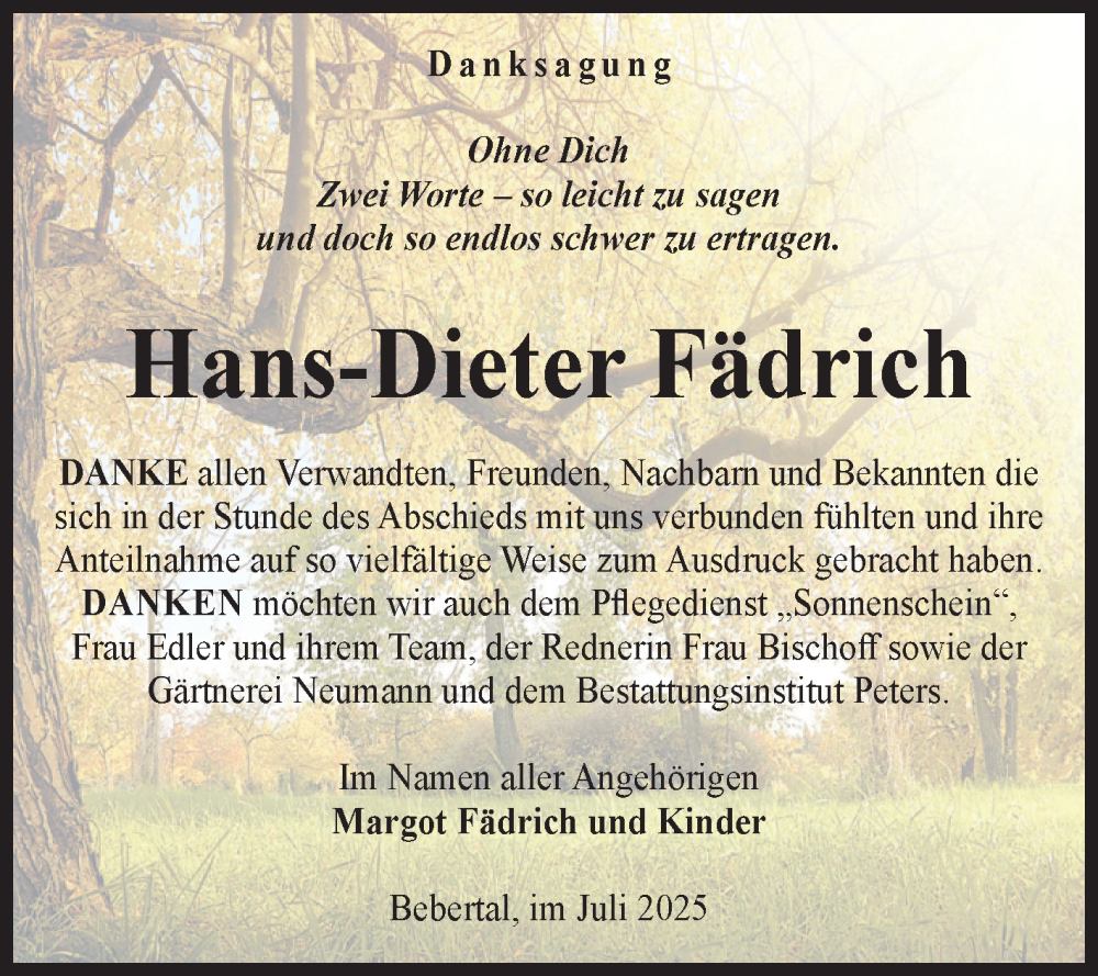  Traueranzeige für Hans-Dieter Fädrich vom 26.07.2025 aus Volksstimme Haldensleben/Wolmirstedt