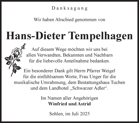 Traueranzeige von Hans-Dieter Tempelhagen von Volksstimme Magdeburg