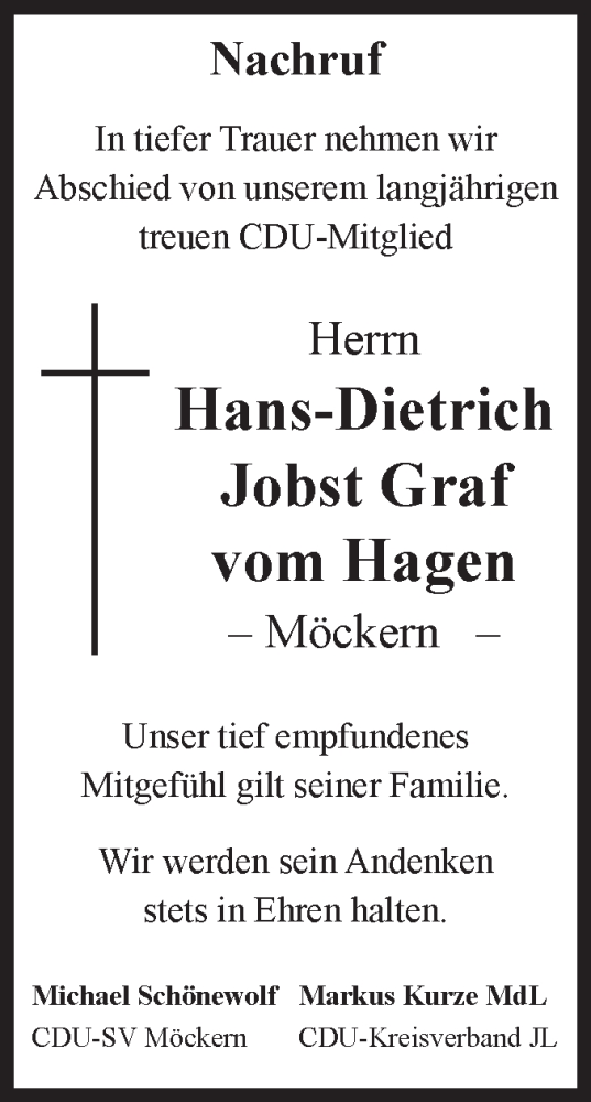 Traueranzeige von Hans-Dietrich vom Hagen von Volksstimme Burg/Genthin