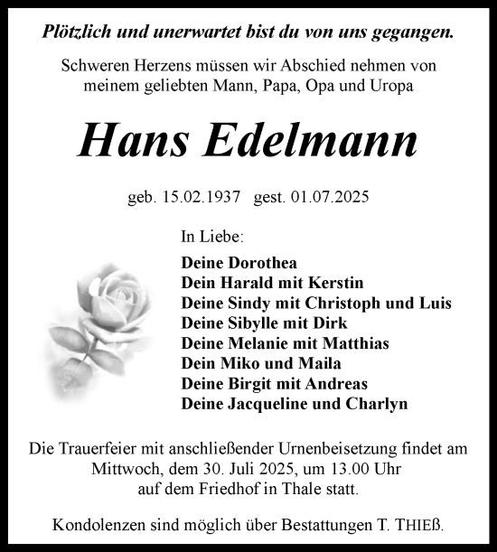 Traueranzeige von Hans Edelmann von Trauerkombi Quedlinburg