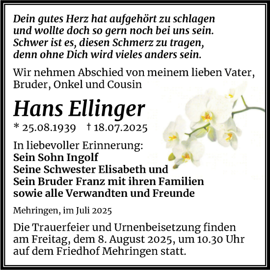 Traueranzeige von Hans Ellinger von Trauerkombi Aschersleben