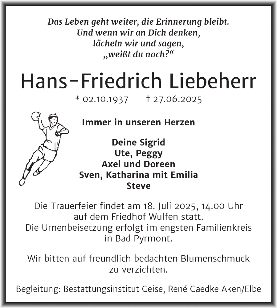  Traueranzeige für Hans-Friedrich Liebeherr vom 12.07.2025 aus Trauerkombi Köthen