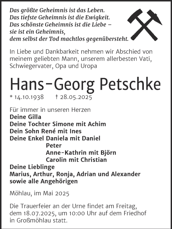 Traueranzeige von Hans-Georg Petschke von Trauerkombi Wittenberg