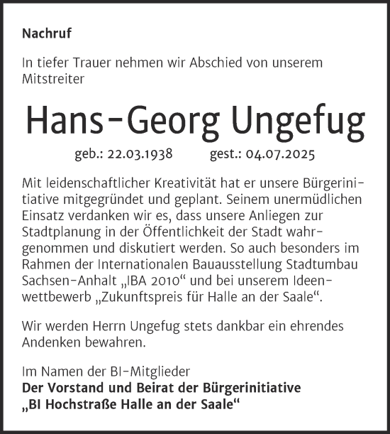Traueranzeige von Hans-Georg Ungefug von Mitteldeutsche Zeitung Halle/Saalkreis