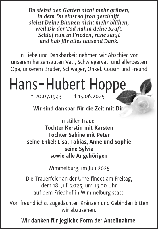 Traueranzeige von Hans-Hubert Hoppe von Trauerkombi Mansfelder Land