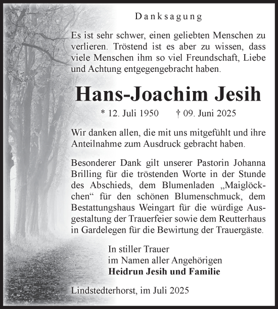 Traueranzeige von Hans-Joachim Jesih von Volksstimme Altmark West