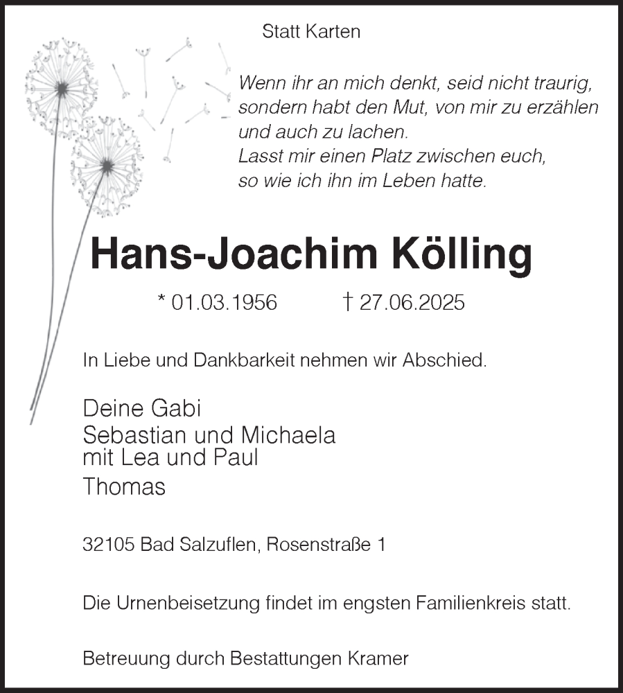  Traueranzeige für Hans-Joachim Kölling vom 05.07.2025 aus Volksstimme Staßfurt