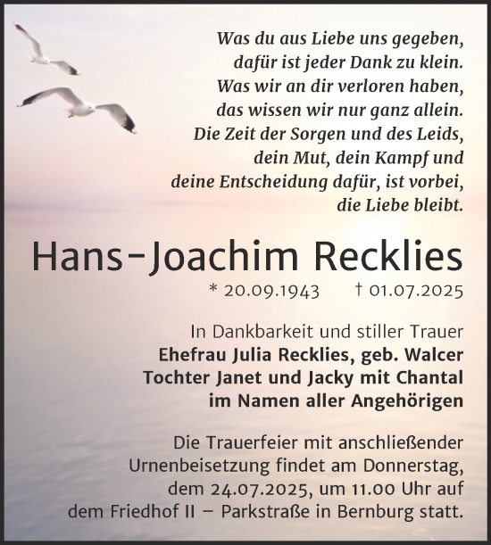 Traueranzeige von Hans-Joachim Recklies von Trauerkombi Aschersleben