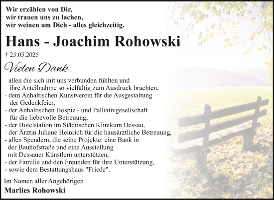 Traueranzeige von Hans-Joachim Rohowski von Trauerkombi Dessau