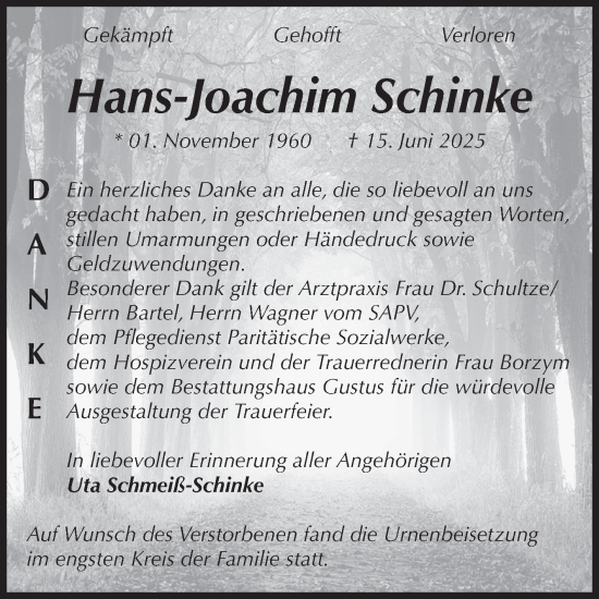 Traueranzeige von Hans-Joachim Schinke von Volksstimme Halberstadt