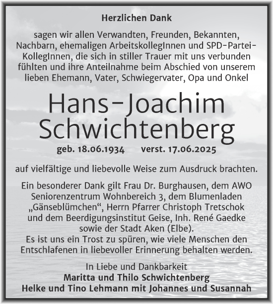 Traueranzeige von Hans-Joachim Schwichtenberg von Trauerkombi Köthen