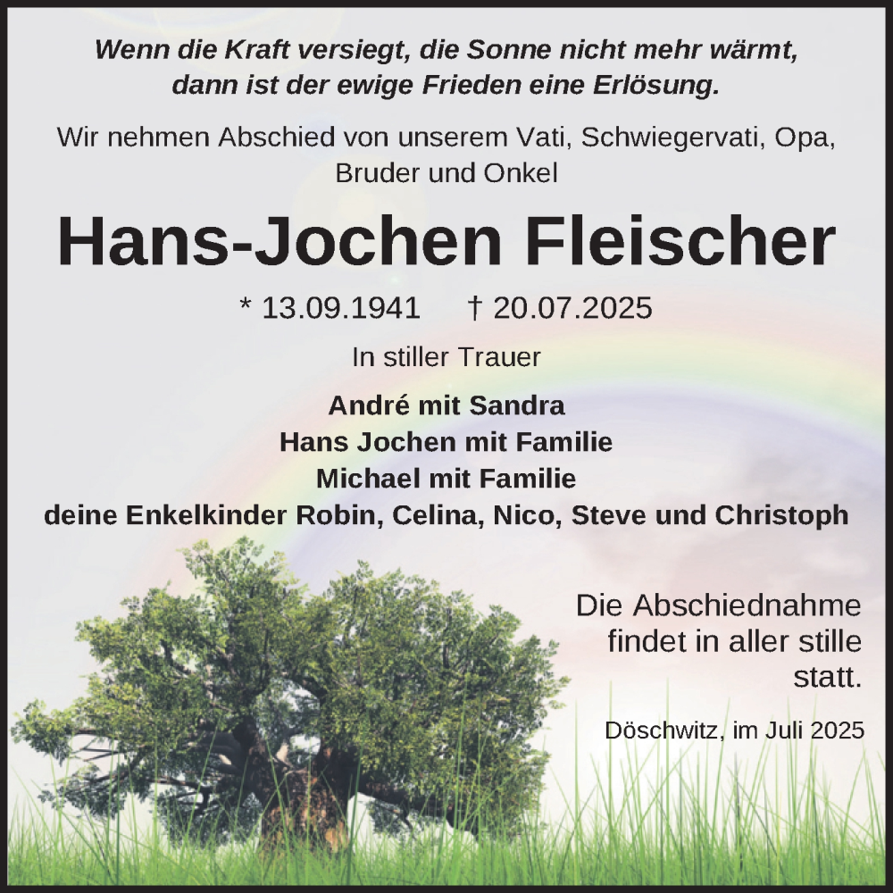  Traueranzeige für Hans-Jochen Fleischer vom 26.07.2025 aus Trauerkombi Zeitz