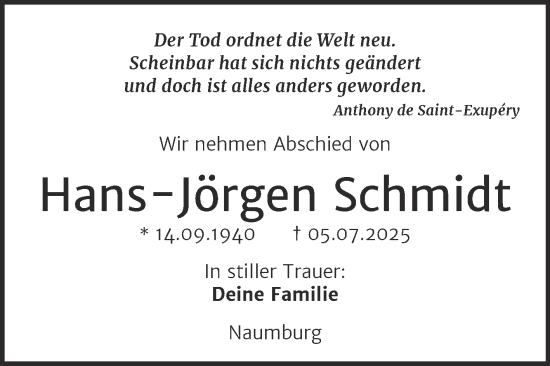 Traueranzeige von Hans-Jörgen Schmidt von Super Sonntag Naumburg/Nebra
