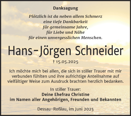 Traueranzeige von Hans-Jörgen Schneider von Trauerkombi Dessau