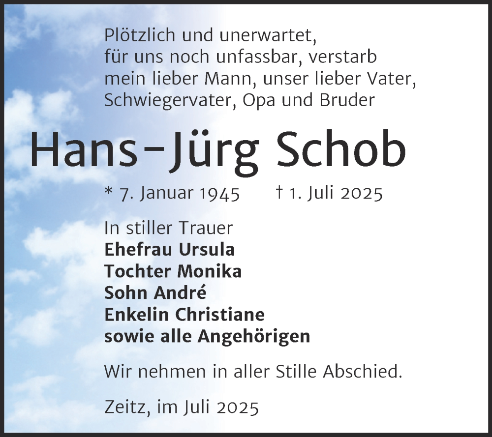  Traueranzeige für Hans-Jürg Schob vom 12.07.2025 aus Trauerkombi Zeitz