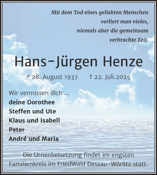 Traueranzeige von Hans-Jürgen Henze von Mitteldeutsche Zeitung Halle/Saalkreis