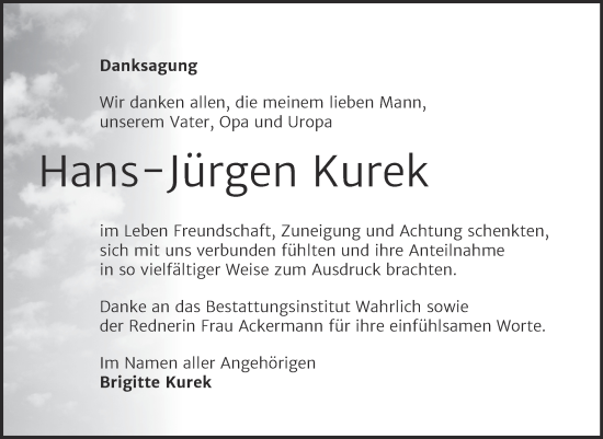 Traueranzeige von Hans-Jürgen Kurek von Trauerkombi Mansfelder Land