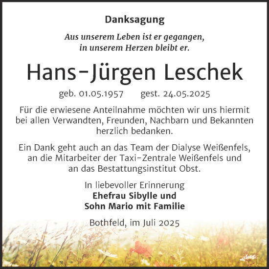 Traueranzeige von Hans-Jürgen Leschek von Trauerkombi Weißenfels