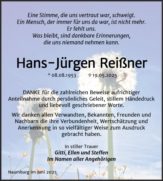 Traueranzeige von Hans-Jürgen Reißner von Super Sonntag Naumburg/Nebra