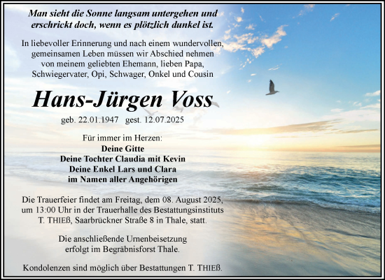 Traueranzeige von Hans-Jürgen Voss von Trauerkombi Quedlinburg
