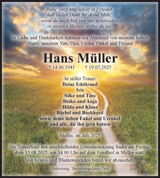Traueranzeige von Hans Müller von Volksstimme Altmark West