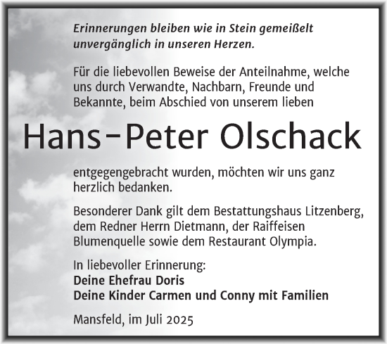 Traueranzeige von Hans-Peter Olschack von Trauerkombi Mansfelder Land