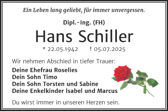 Traueranzeige von Hans Schiller von Trauerkombi Dessau