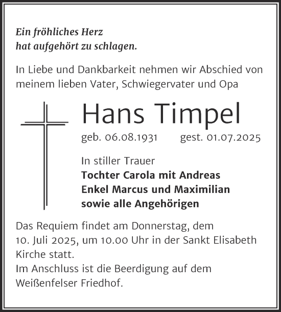 Traueranzeige von Hans Timpel von Mitteldeutsche Zeitung Weißenfels