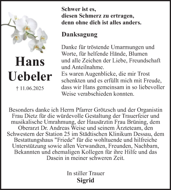 Traueranzeige von Hans Uebeler von Trauerkombi Dessau
