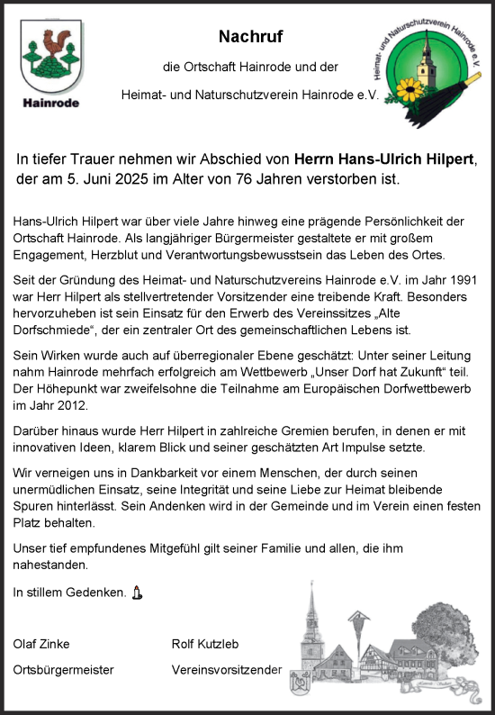 Traueranzeige von Hans-Ulrich Hilpert von Trauerkombi Sangerhausen