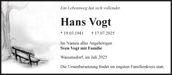Traueranzeige von Hans Vogt von Volksstimme Altmark West