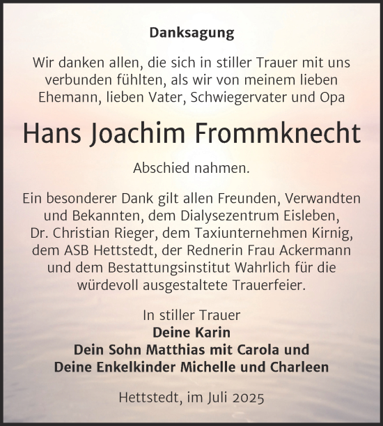 Traueranzeige von Hans Joachim Frommknecht von Trauerkombi Mansfelder Land