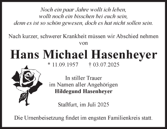 Traueranzeige von Hans Michael Hasenheyer von Volksstimme Staßfurt