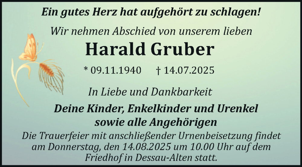  Traueranzeige für Harald Gruber vom 26.07.2025 aus Trauerkombi Dessau