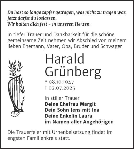 Traueranzeige von Harald Grünberg von Trauerkombi Merseburg