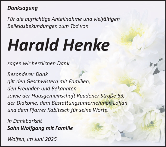 Traueranzeige von Harald Henke von Trauerkombi Bitterfeld