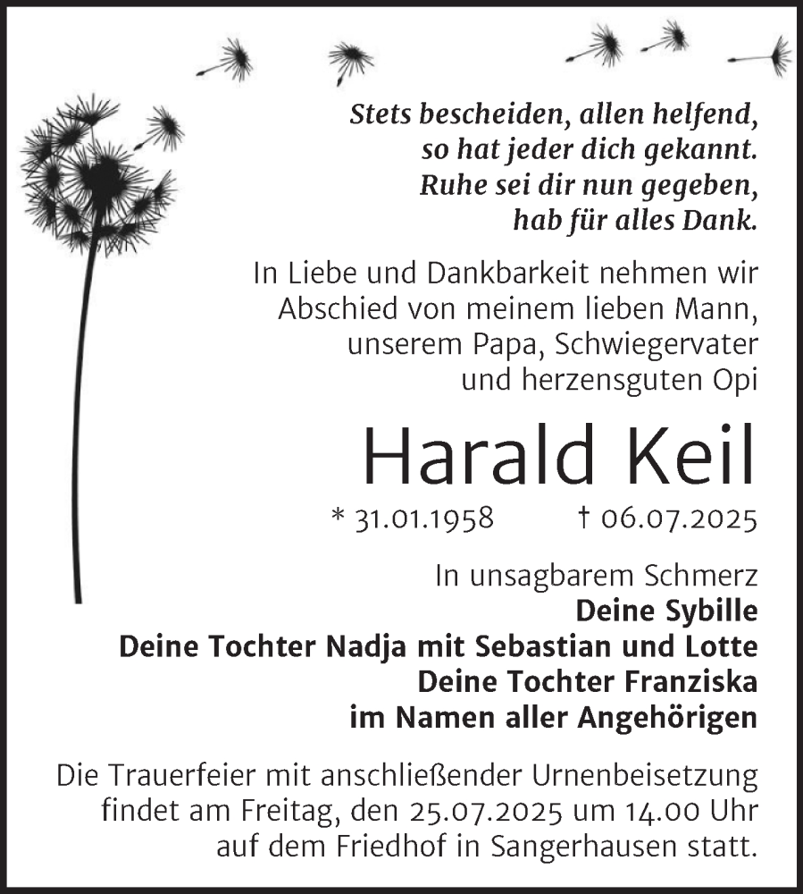  Traueranzeige für Harald Keil vom 12.07.2025 aus Trauerkombi Sangerhausen