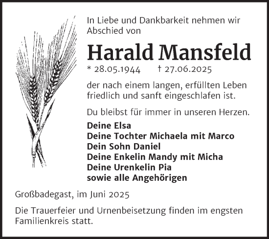 Traueranzeige von Harald Mansfeld von Trauerkombi Köthen